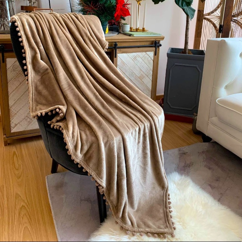 Khaki/Light Tan Pompom Fringe Chic Cozy Soft Throw Blanket/Cover